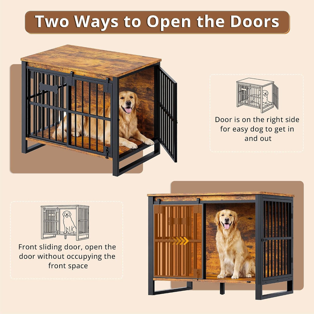 ironck 39.4" dog crate furniture with sliding door shown in use
