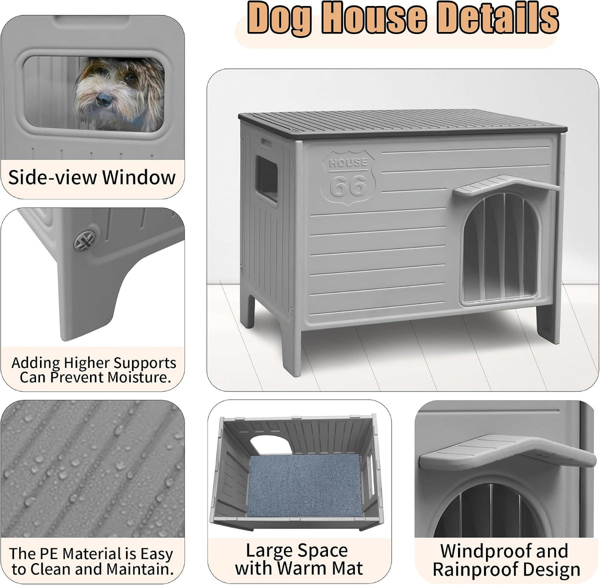 waterproof dog house for outdoor indoor,durable plastic dog, close-up detail