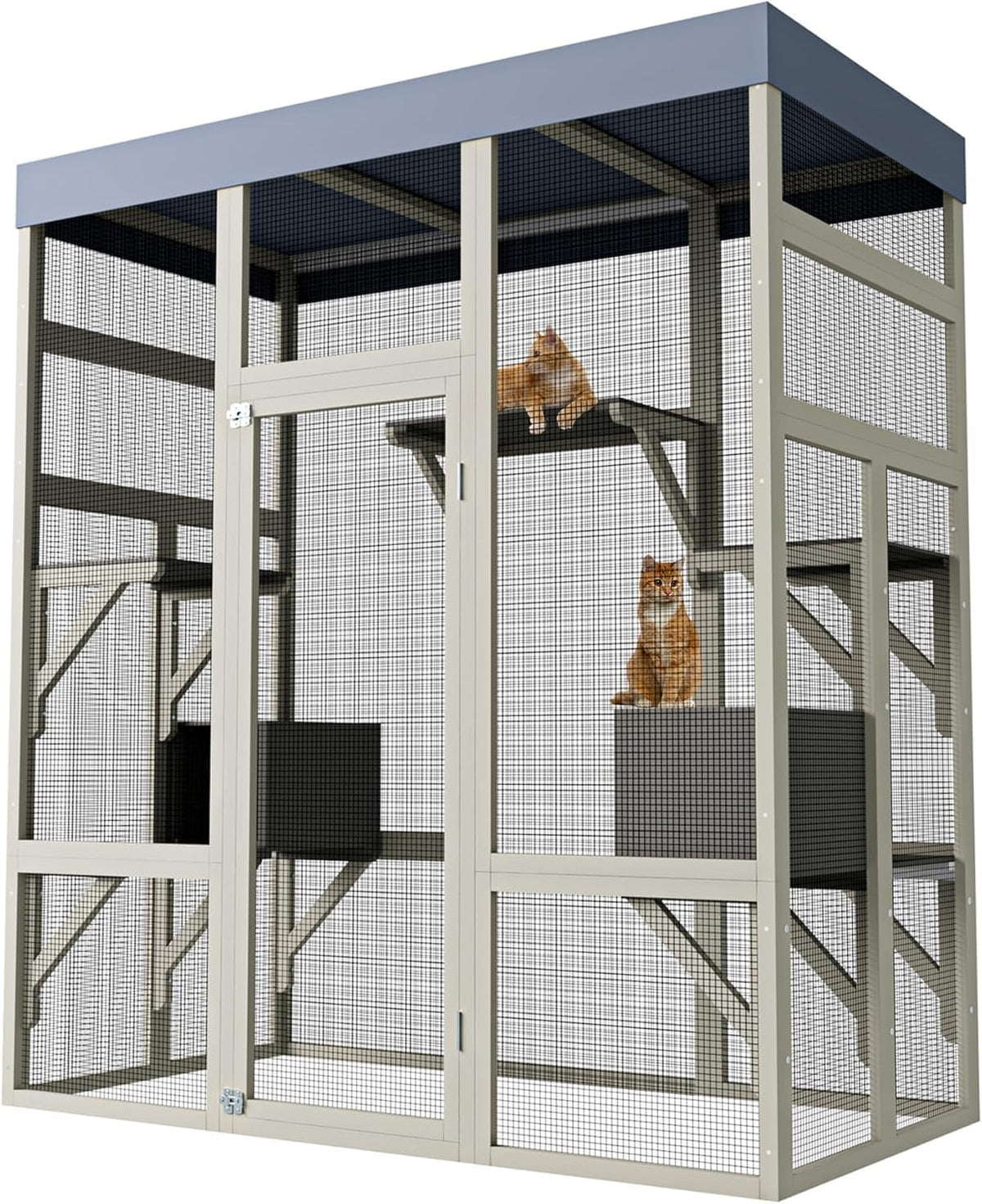 70" large outdoor catio cat enclosure, wood cat shown in use