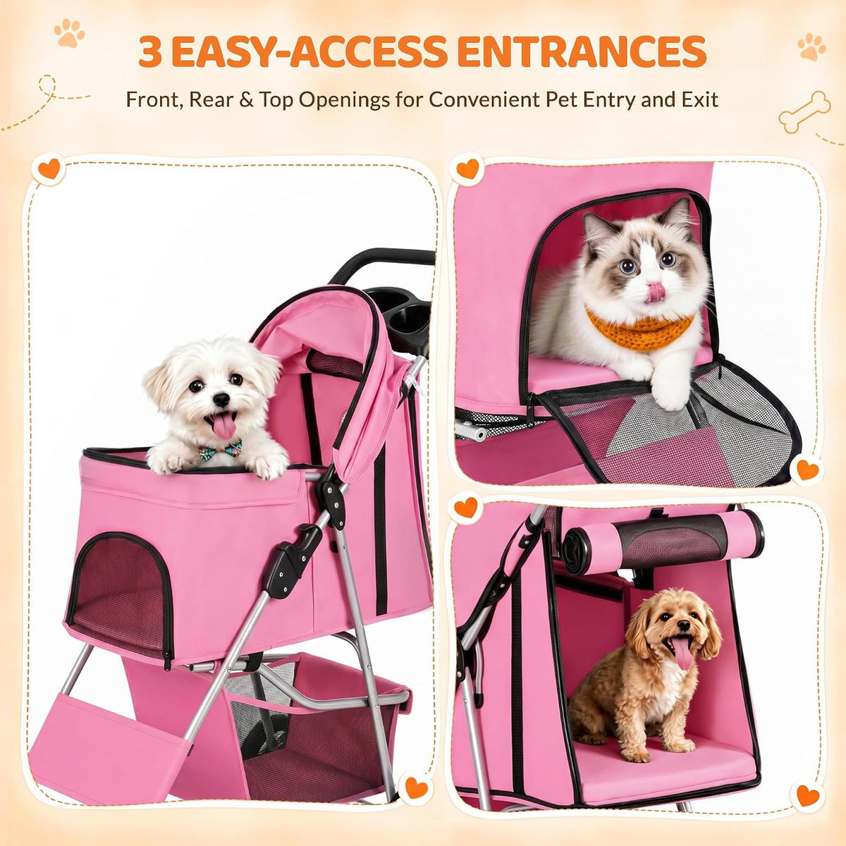 zeny foldable pet stroller, cat/dog stroller with 4, side view