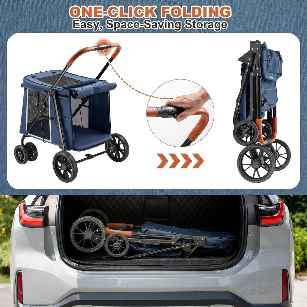 medium dog stroller, dual entry one-touch folding,small and showing dimensions