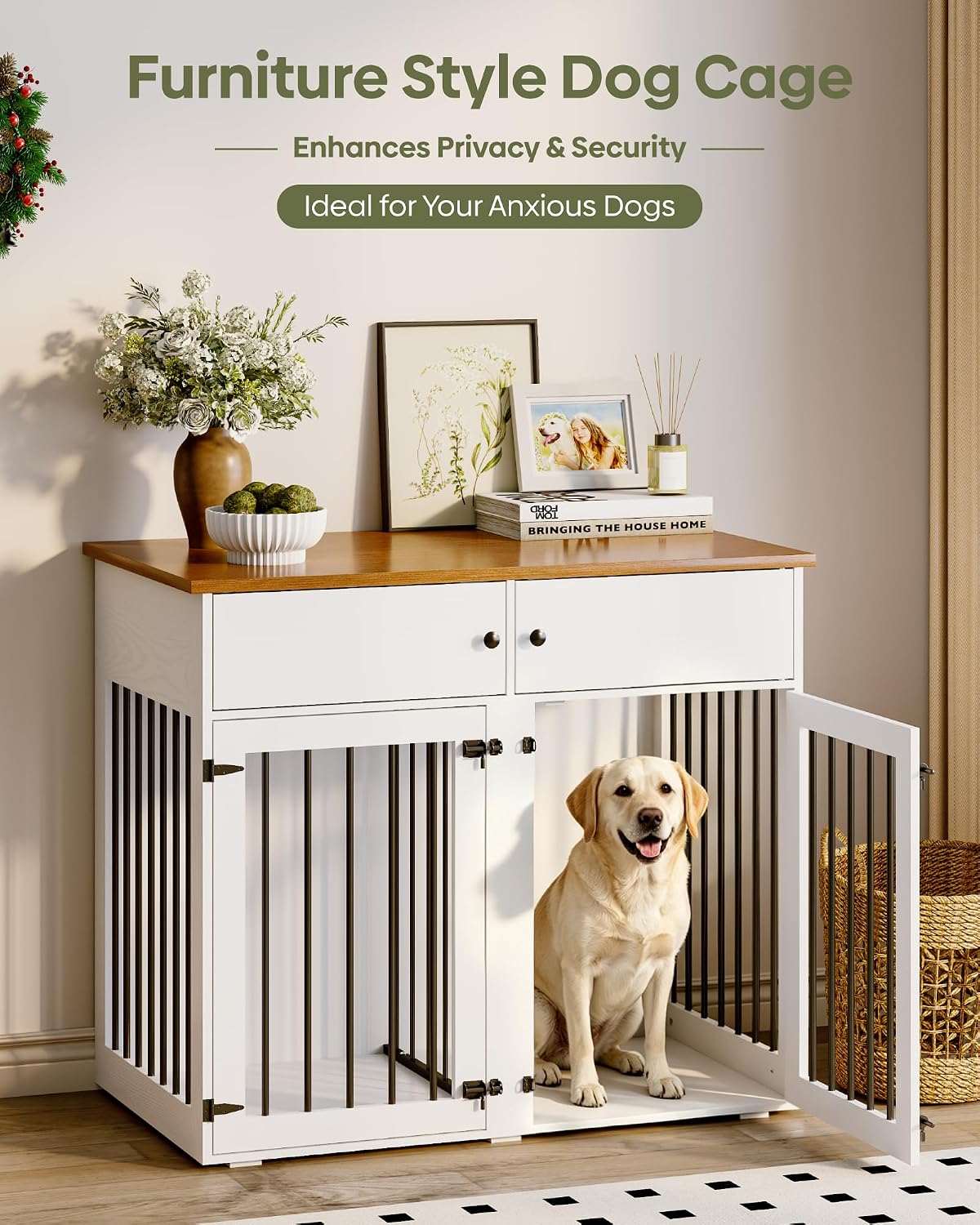 timhaka 41" dog crate furniture, heavy duty dog shown in use