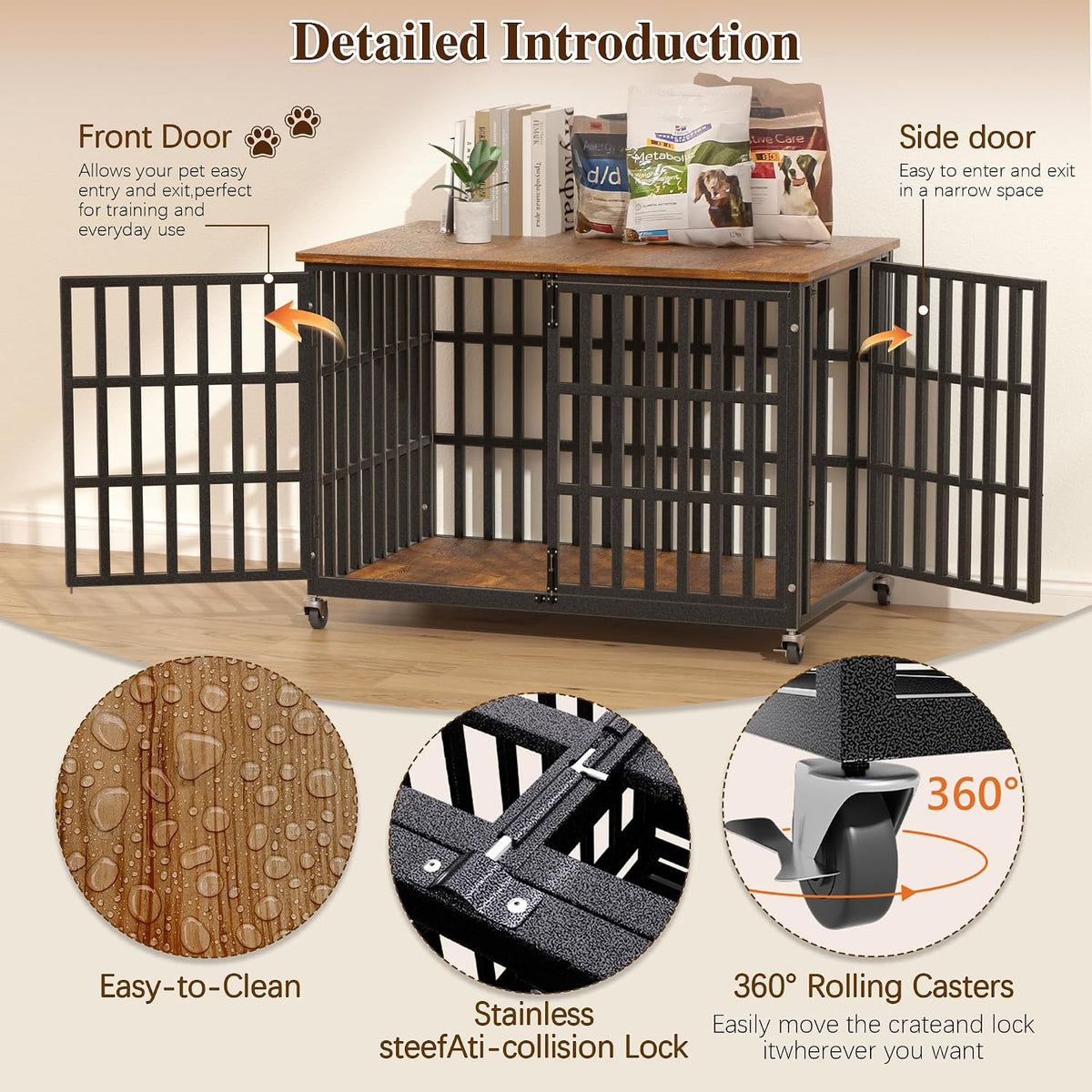 38 inch dog crate furniture, heavy duty wooden, side view