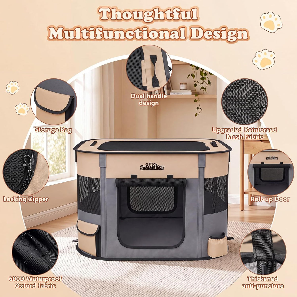 portable dog cat playpen, foldable dog crate kennel, side view
