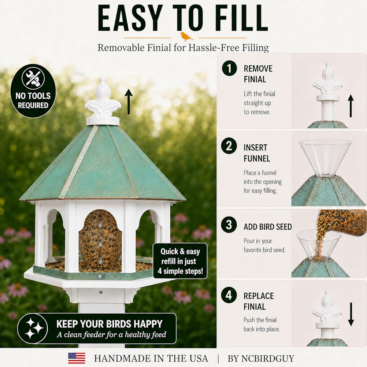 handmade patina copper roof large octagon bird feeder, side view