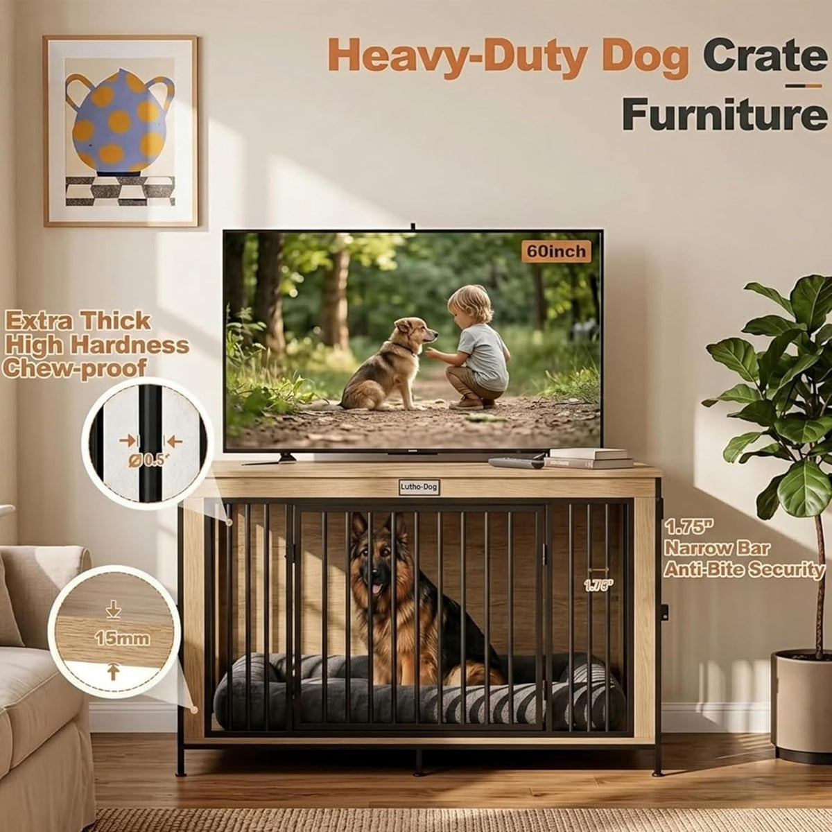 48" xl dog crate furniture for large dogs,farmhouse shown in use