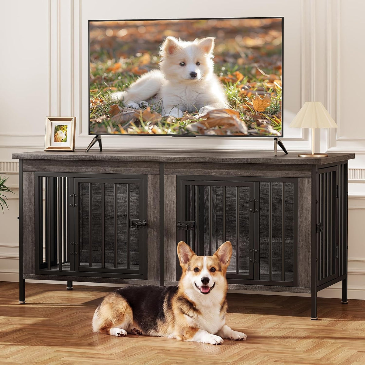 dumos 54" dog crate furniture for 2 dogs, front angle view