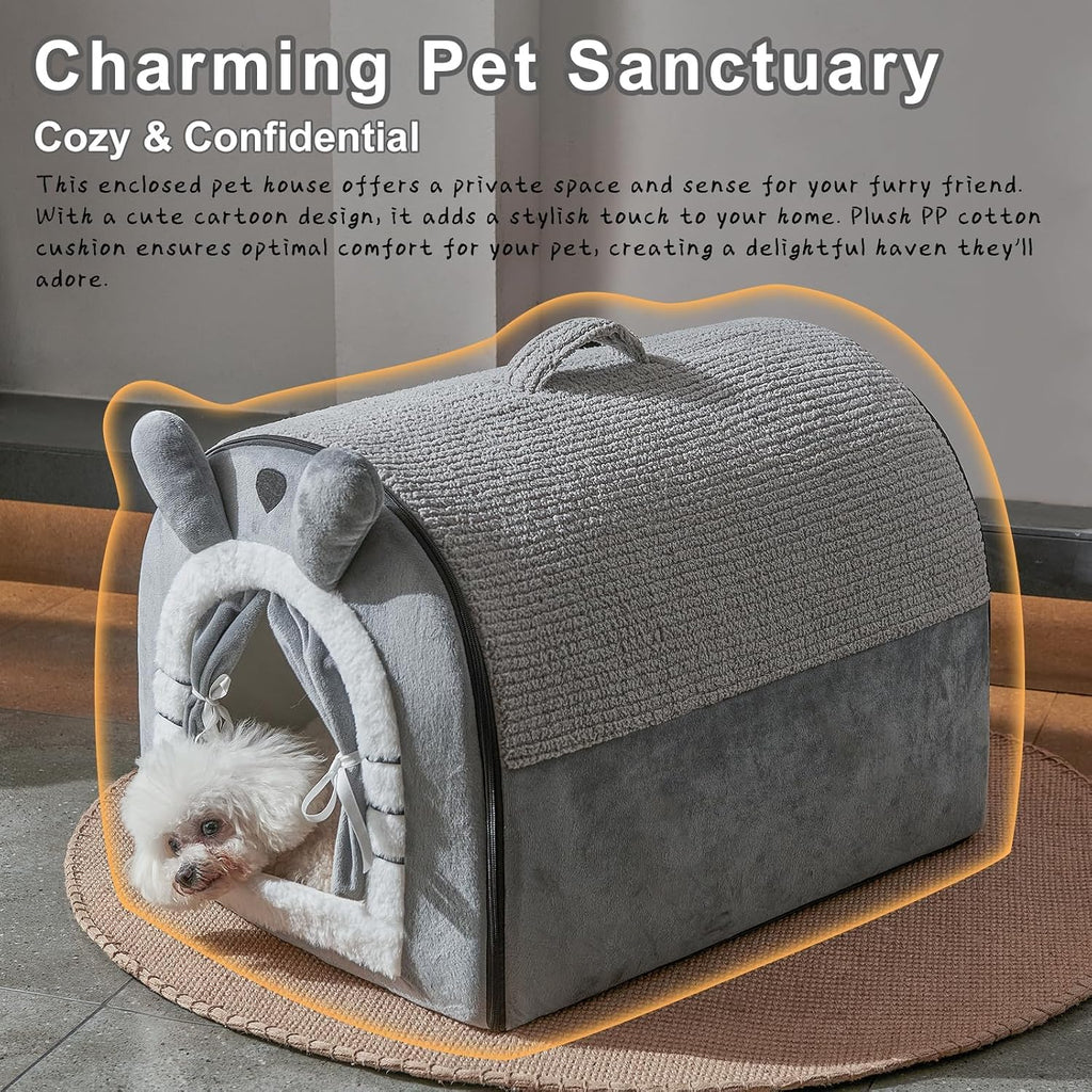 cute small dog cave bed with door curtain, close-up detail