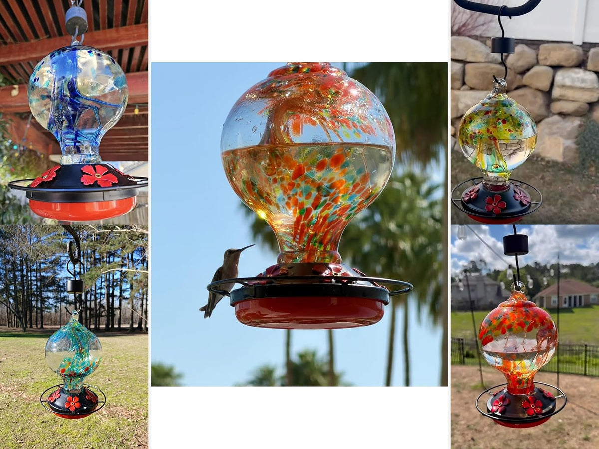 hummingbird feeder for outdoors, 34 oz hand-blown glass, close-up detail