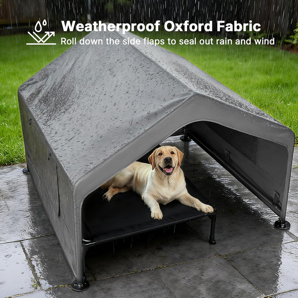 veehoo extra large dog house outdoor includes elevated shown in use