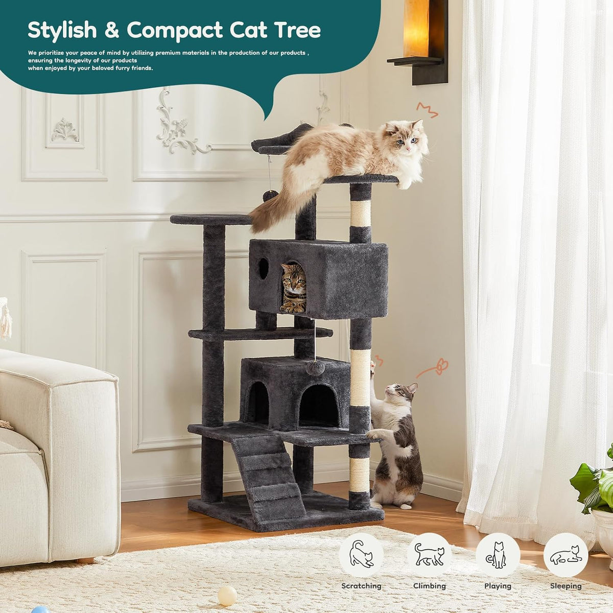 dumos 54 inch cat tree tower with scratching shown in use