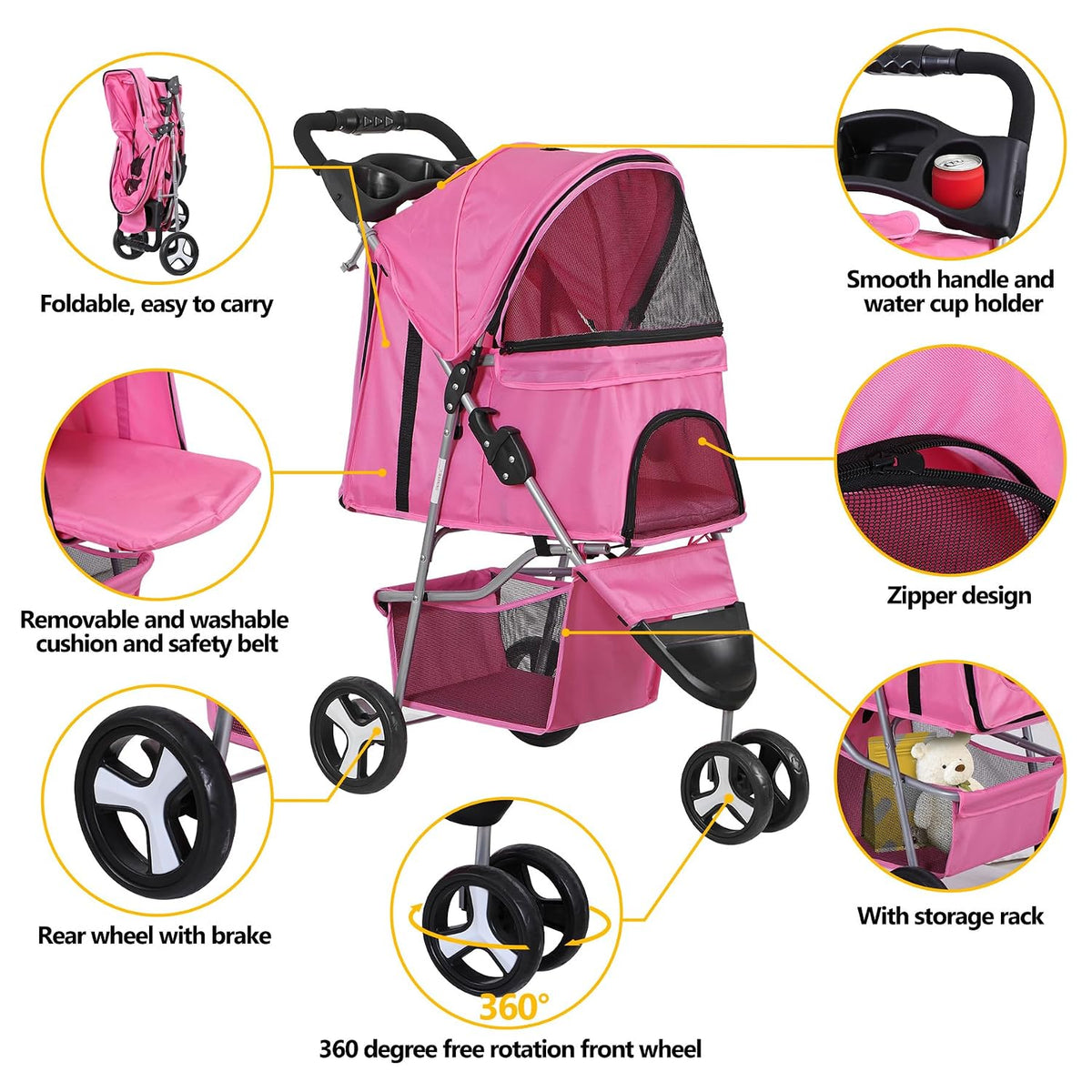 lemy foldable pet stroller,3 wheels cat/dog stroller with, close-up detail