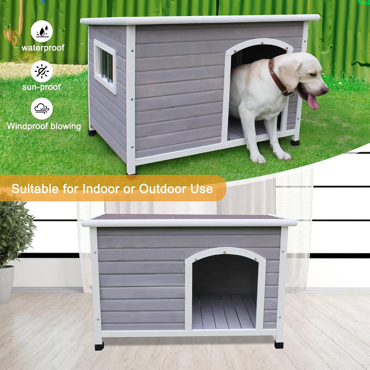 44" wooden large dog houses outdoor indoor, waterproof, side view