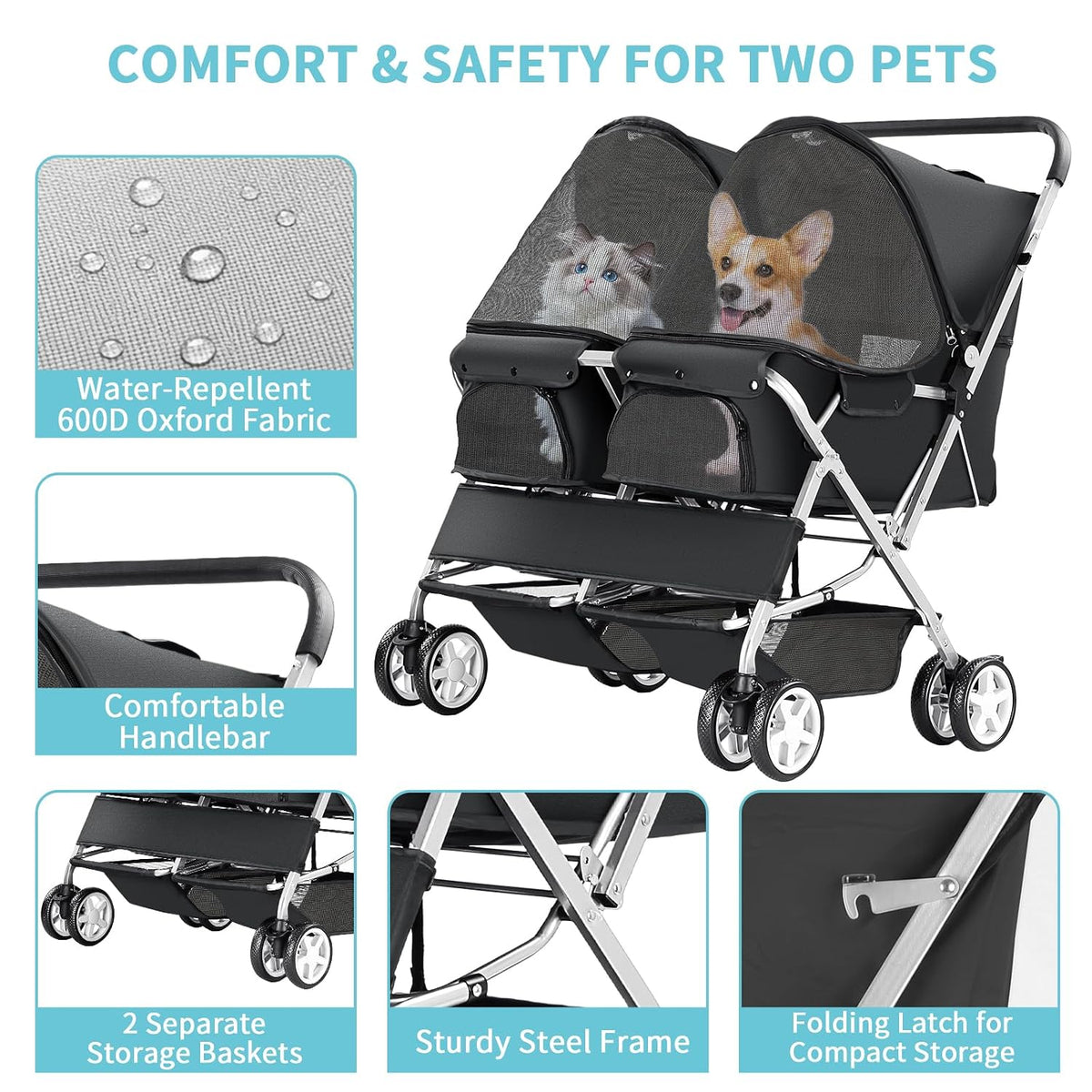 double pet stroller for 2 dogs & cats showing dimensions