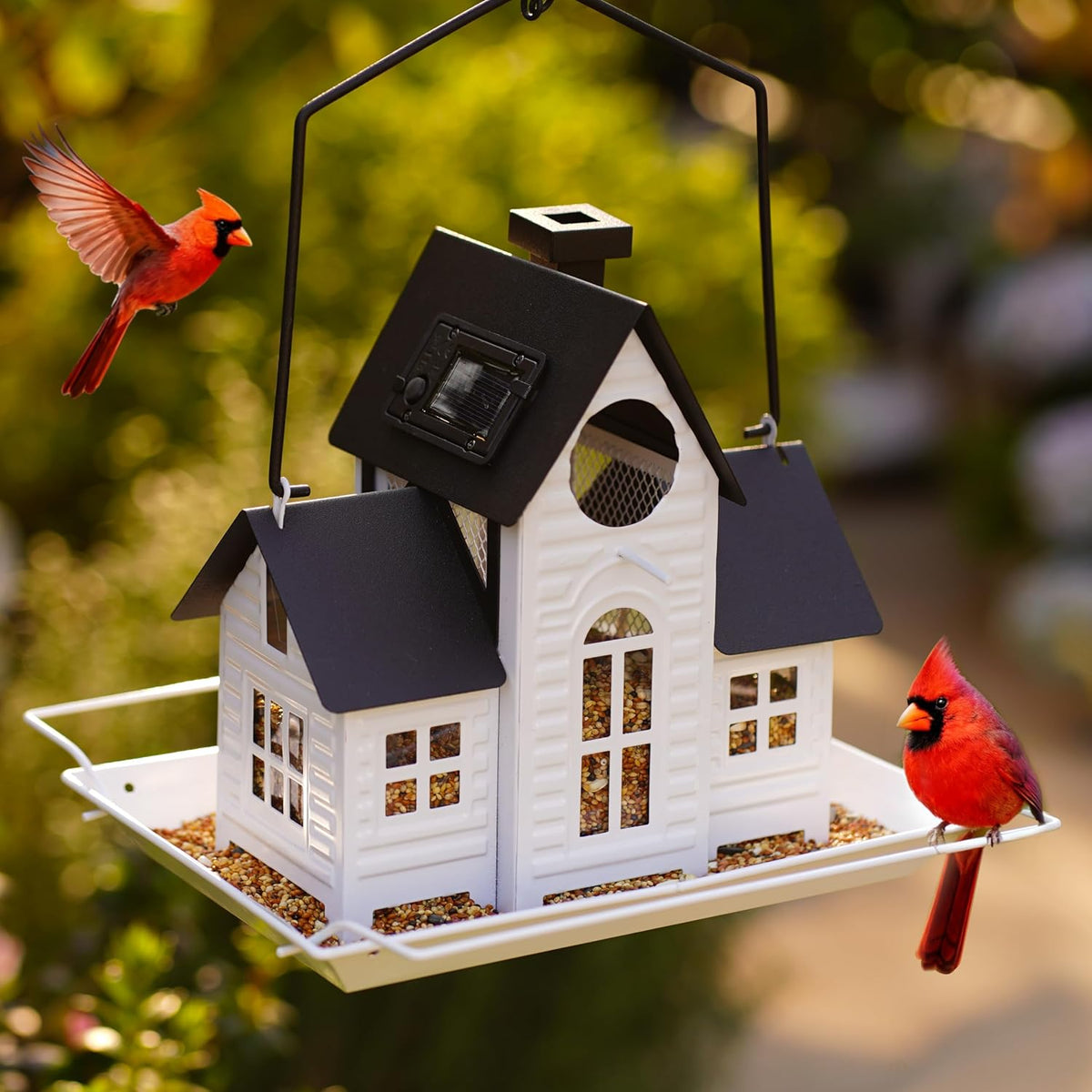 solar bird feeders for outdoors hanging,metal cardinal bird shown in use