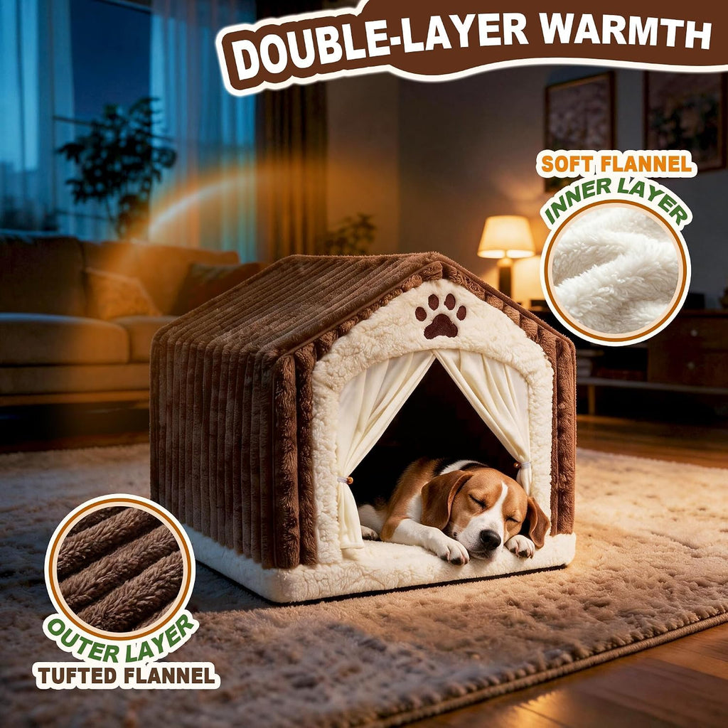luxury dog house indoor, warm double-layer dog cave, close-up detail