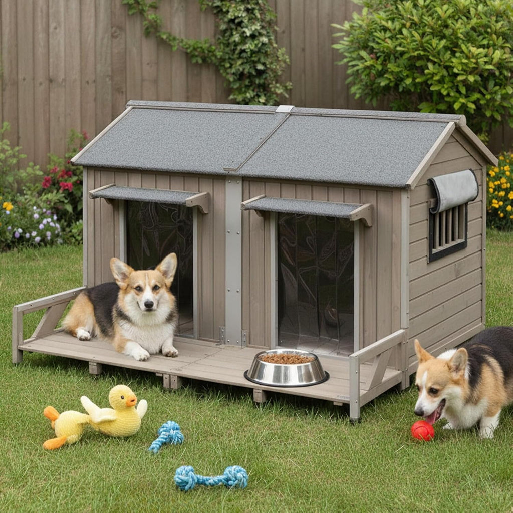 59''l extra large dog house with 2 doors showing dimensions