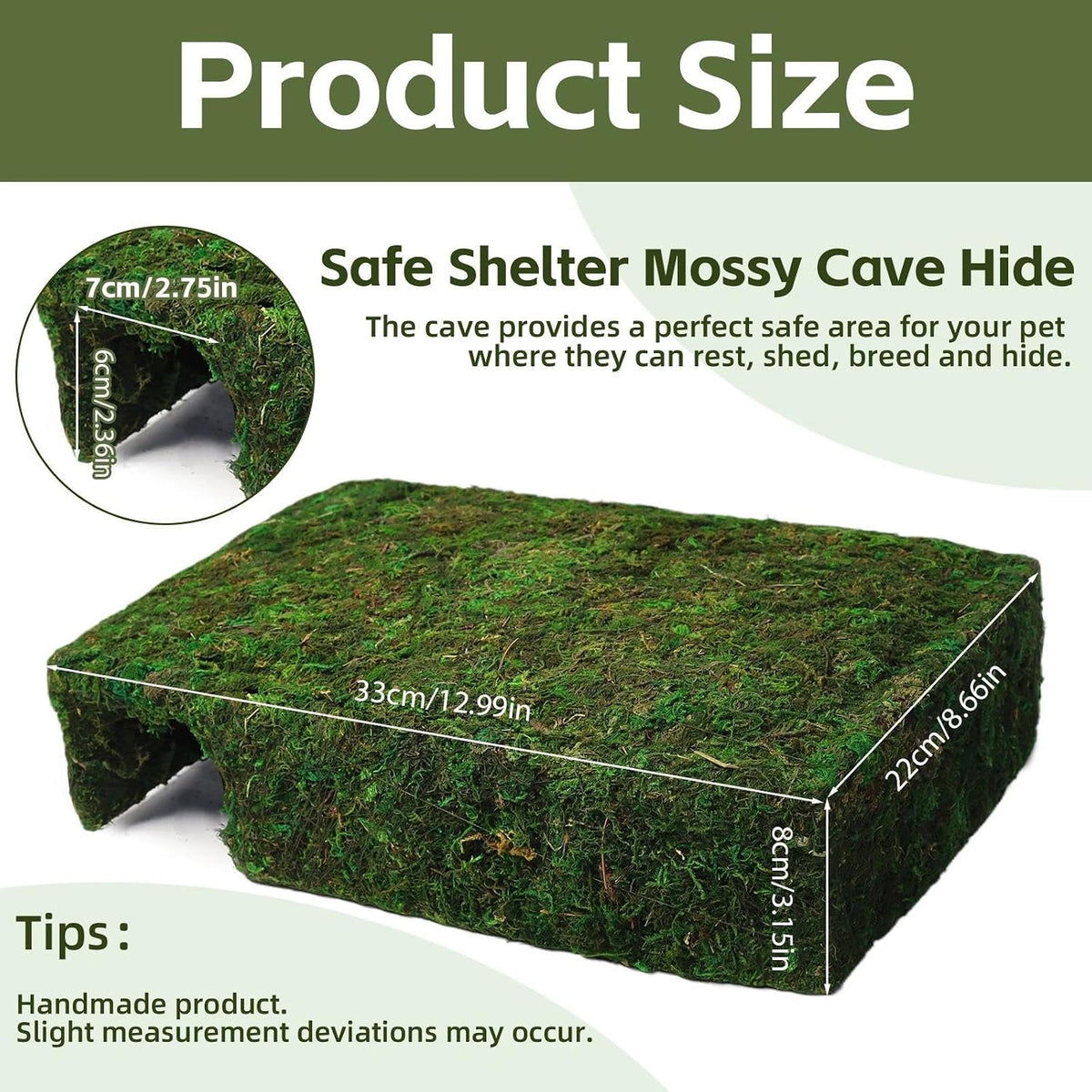 l size green moss cave hide, reptile shelter shown in use