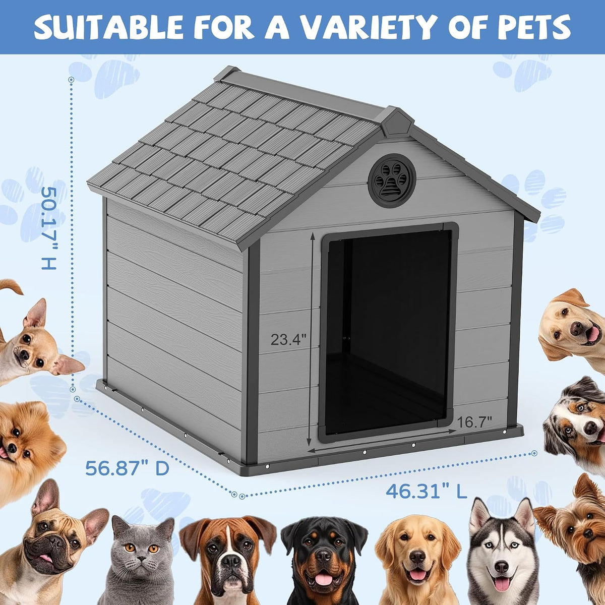 57" large dog house outdoor,premium wood-grain resin doghouse,black showing dimensions