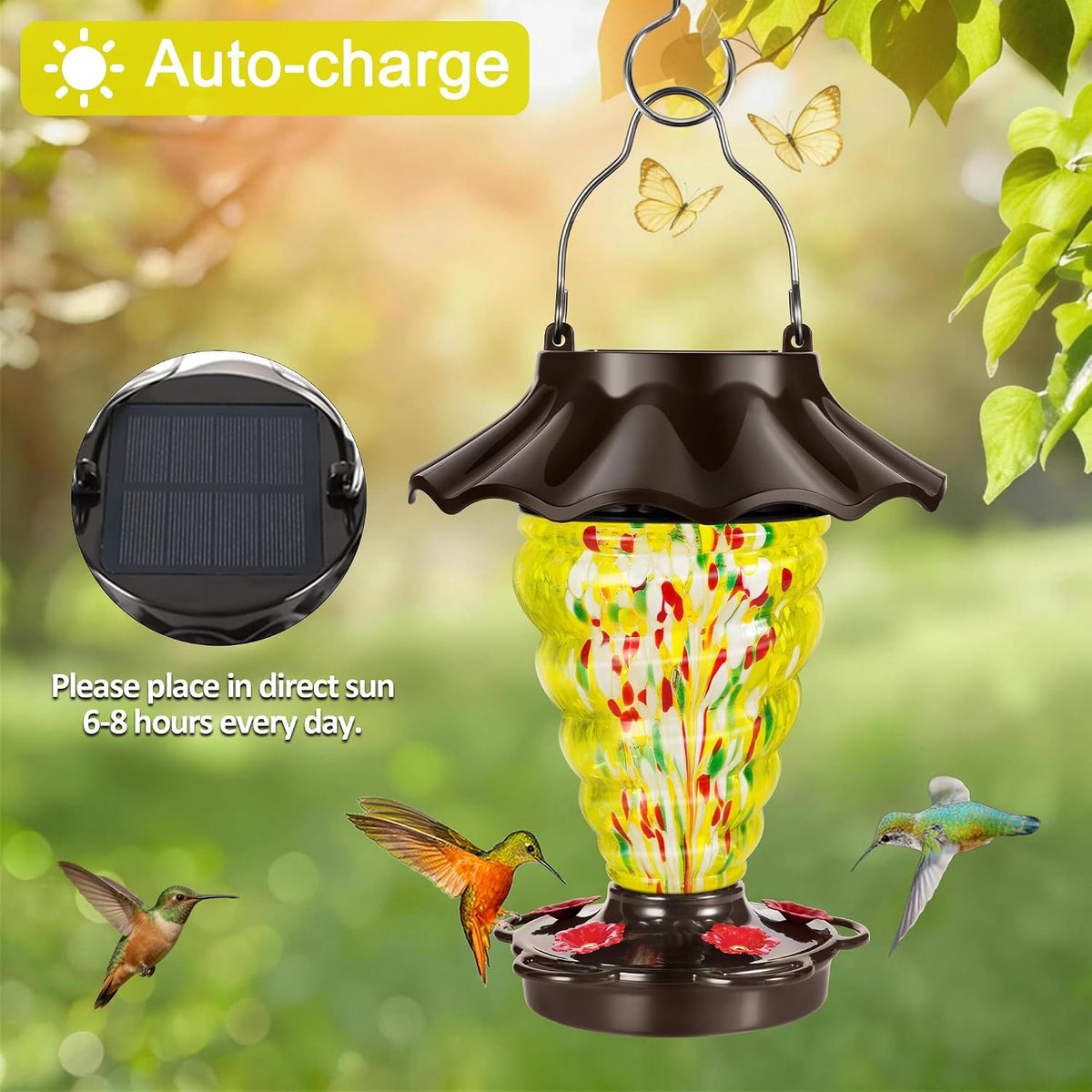 lujii solar hummingbird feeder for outdoor hanging, rgb shown in use