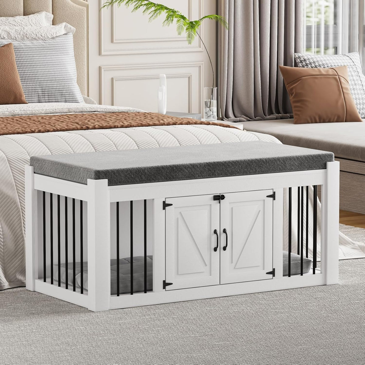 dog crate furniture with padded seat, luxury wooden, main product view
