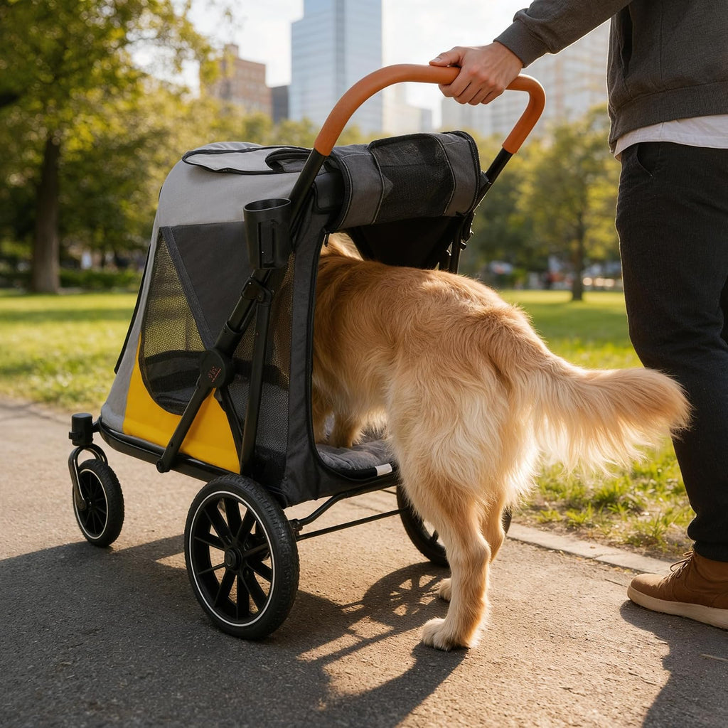 dog stroller for large-dogs: easy fold dual entry on a desk or shelf