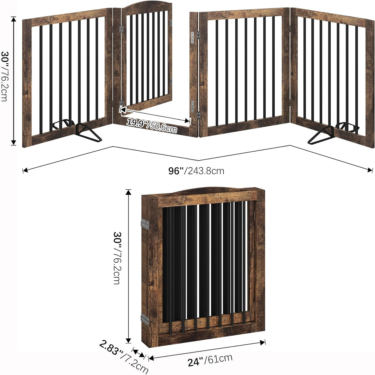 vantas 96" x 30", no-assembly wooden dog gate showing dimensions