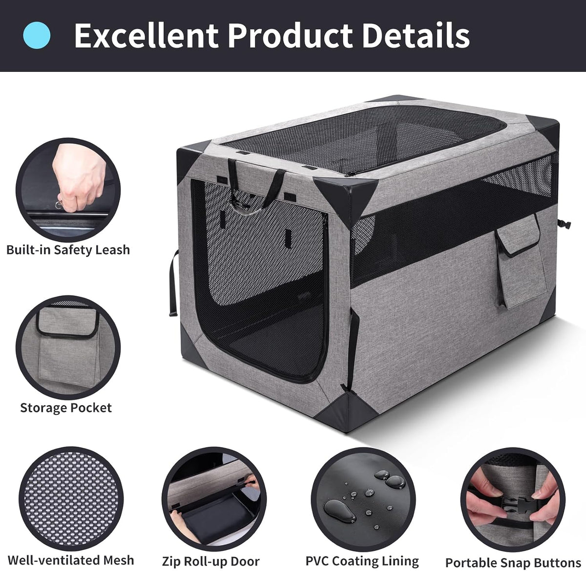 zikopomi 30 inch portable soft foldable dog crate, close-up detail