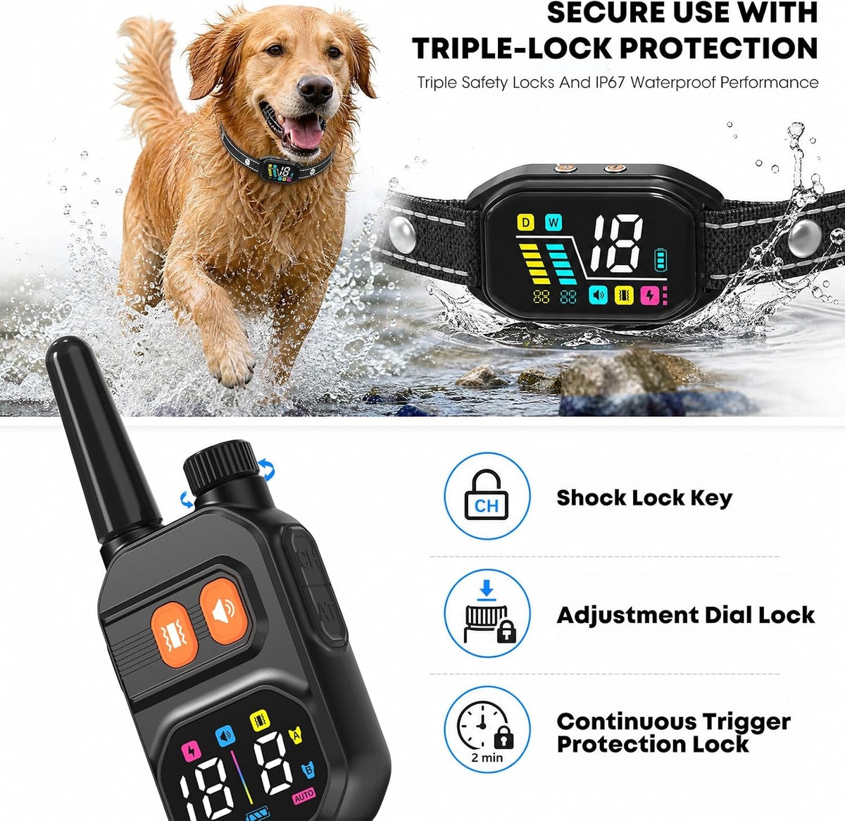 dog bark collar with remote: 2-in-1 bark & showing dimensions