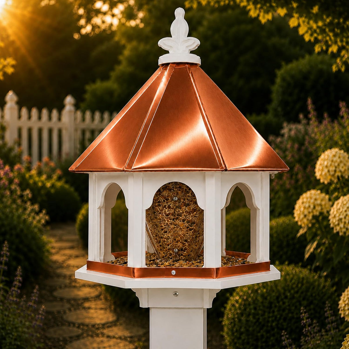 handmade copper roof large octagon bird feeder (sf18c) shown in use
