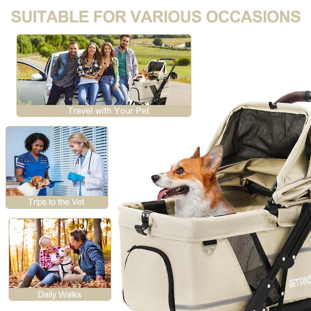 dog stroller with no-zip buckle canopy, fits 2, front angle view