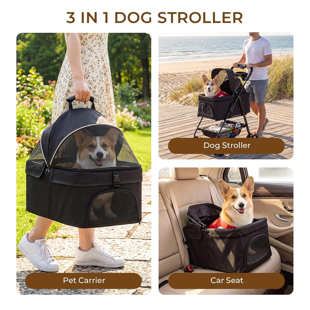 4-wheel pet stroller for small medium dogs cats showing dimensions