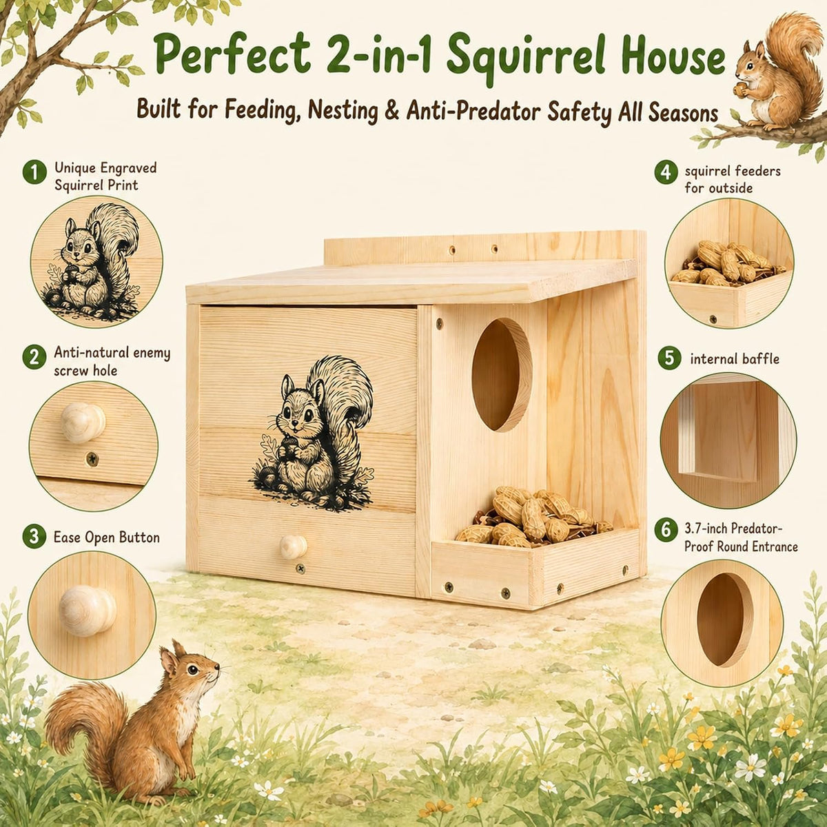 large squirrel house for outside, squirrel nesting box shown in use