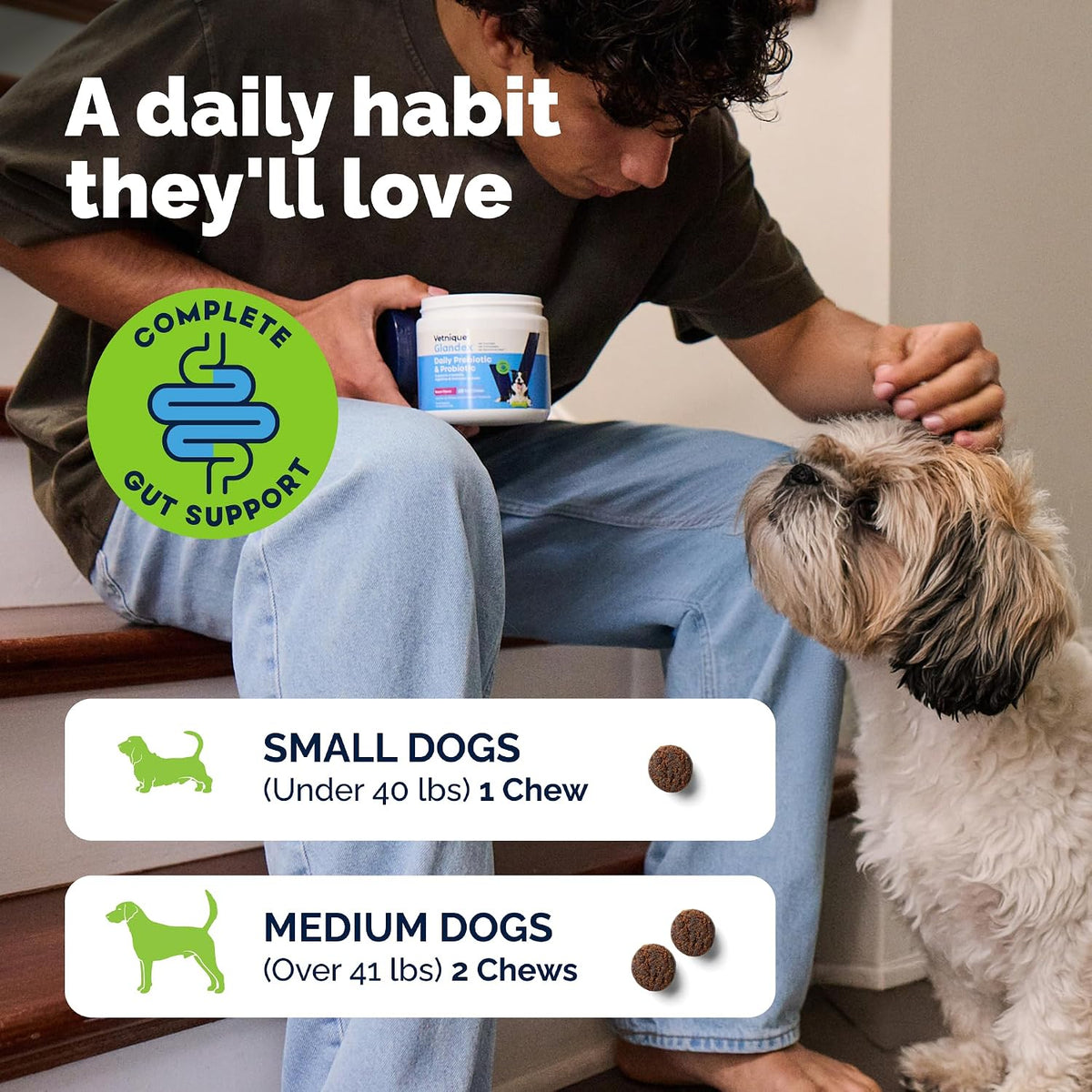 vetnique glandex probiotics for dogs chews 120ct, prebiotics showing dimensions