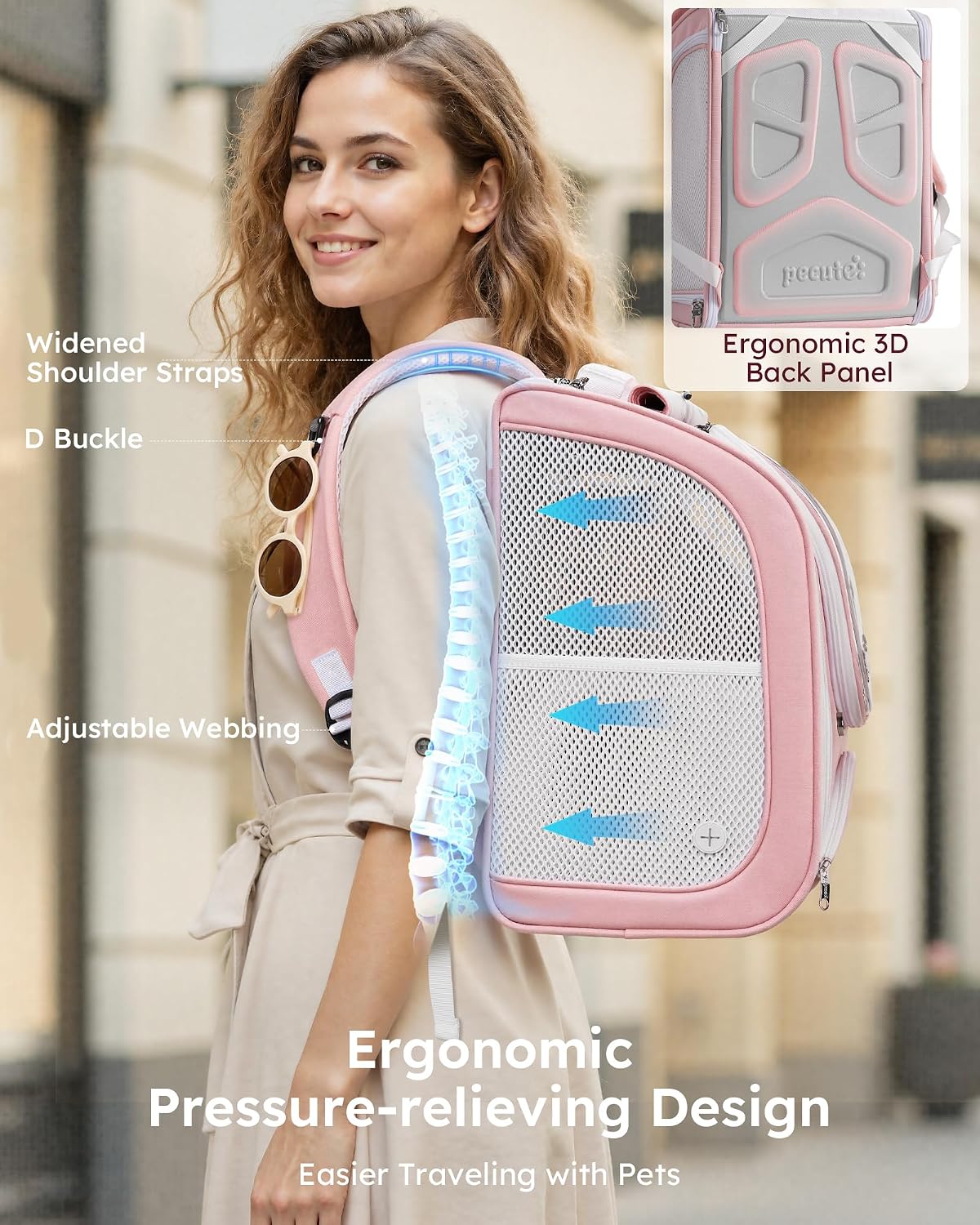 pecute cat backpack carrier,large space cat bubble backpack,ergonomic,pink, side view