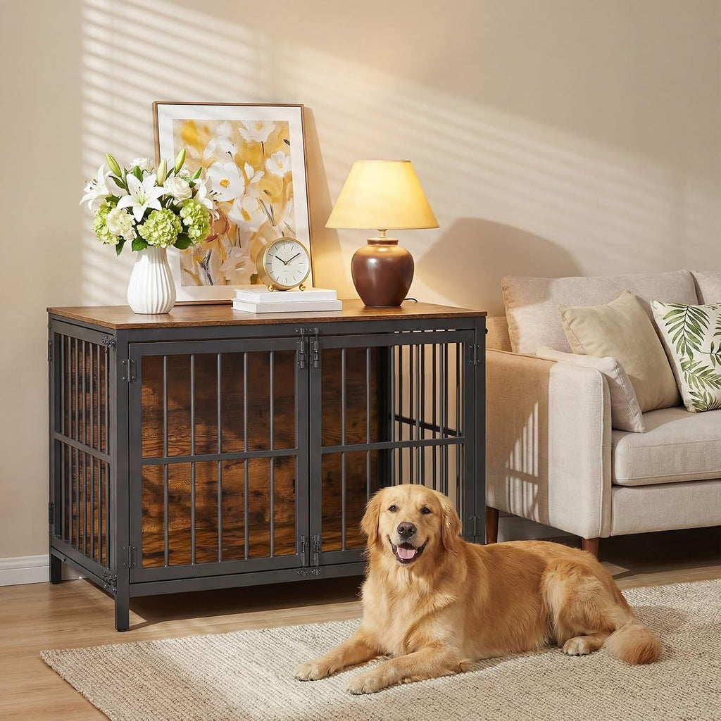 hoobro heavy duty dog crate furniture, 39.4" wooden shown in use