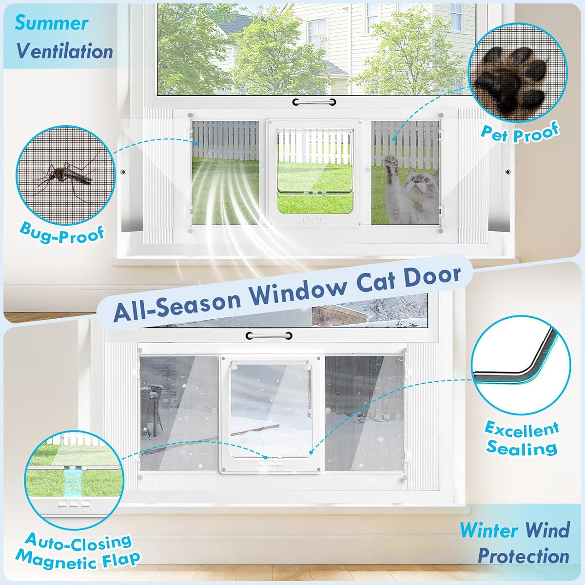 all season cat door for window with screen shown in use