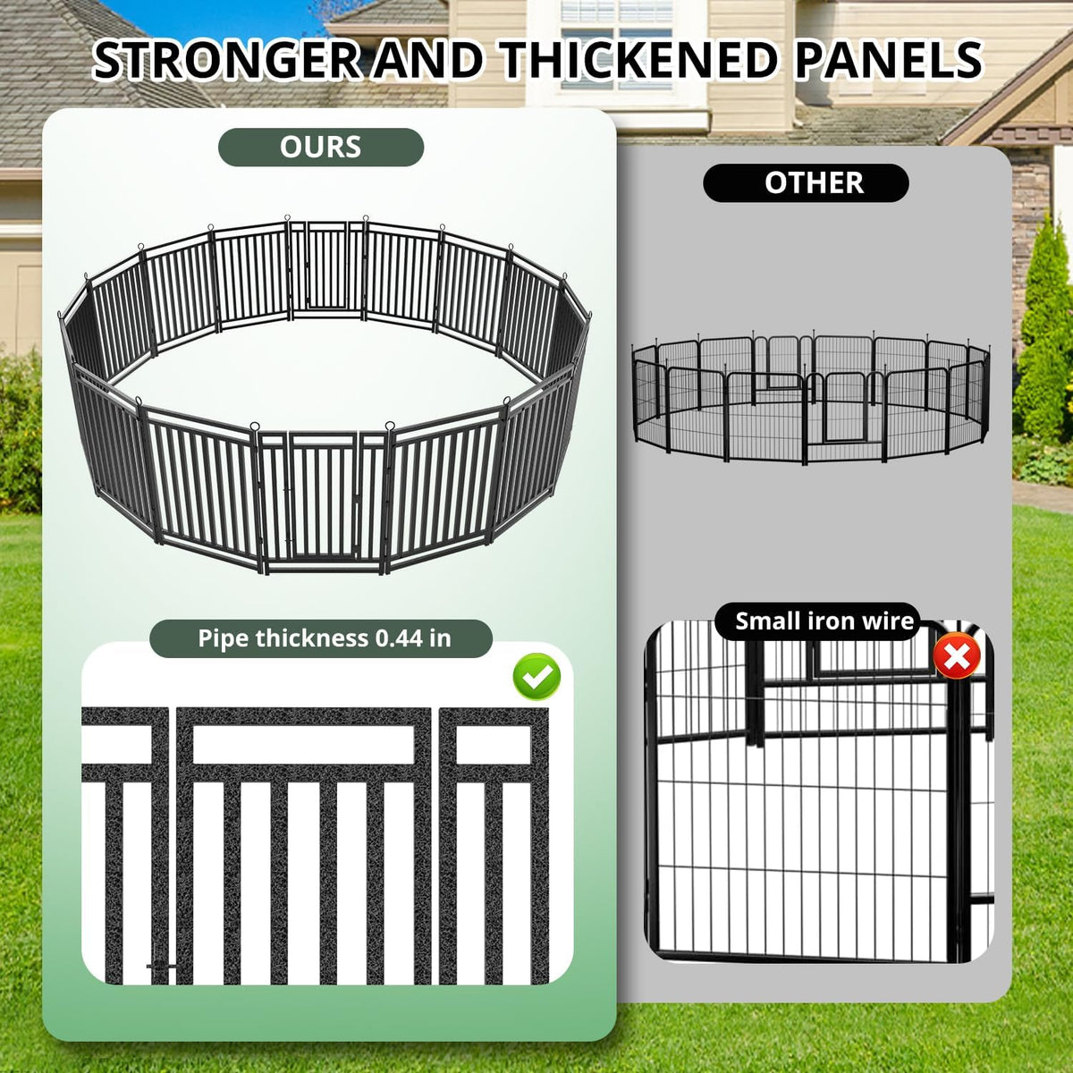thickened outdoor dog fence, 40" h, 8 panels shown in use