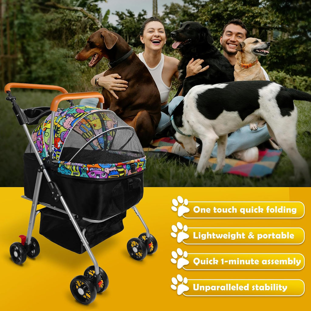 pet stroller with storage basket and cup holder, side view
