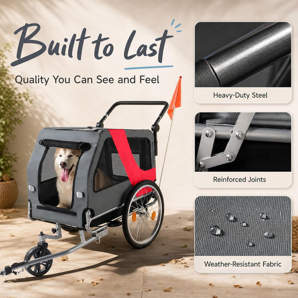 2-in-1 pet bike trailer & stroller, 165lbs carrier showing dimensions