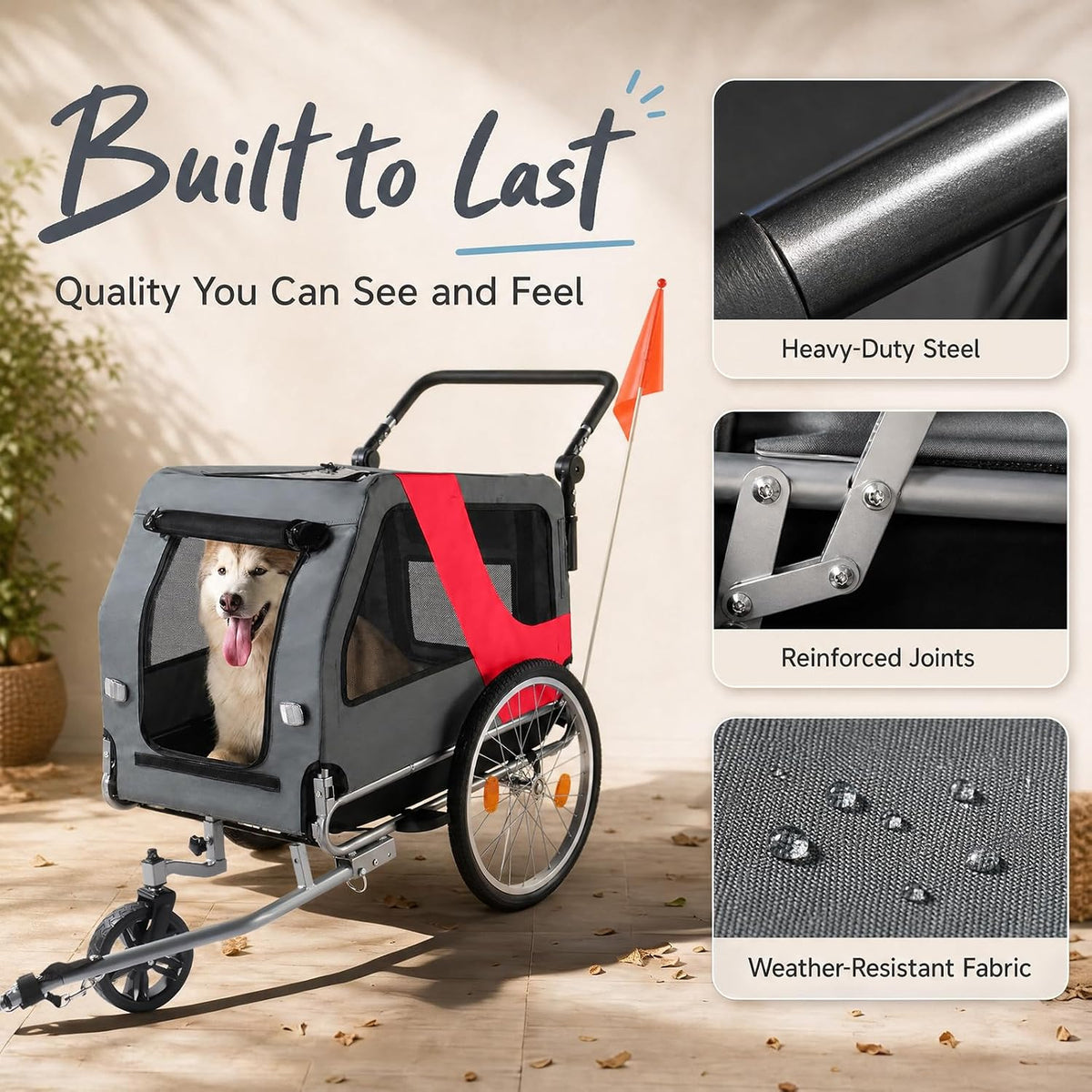 2-in-1 pet bike trailer & stroller, 165lbs carrier showing dimensions