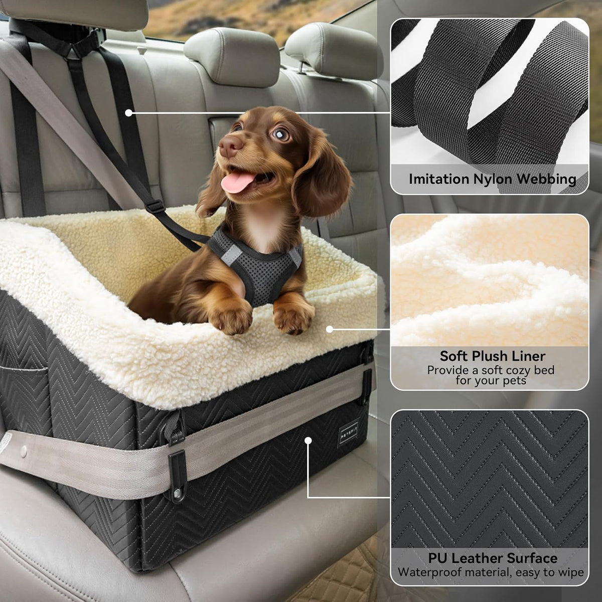 petsfit small dog car seat, waterproof pu leather, close-up detail