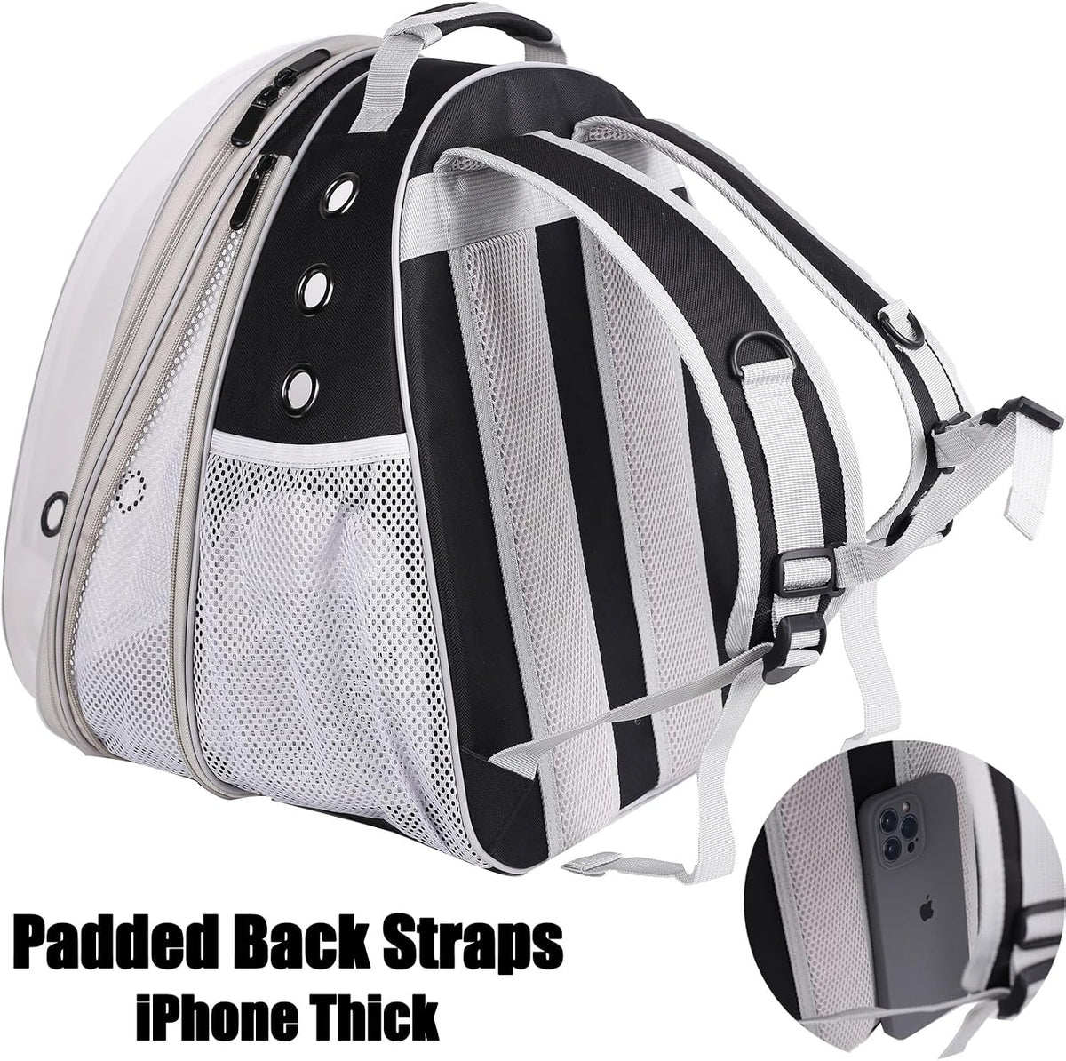 large cat backpack carrier, front extension with space showing dimensions