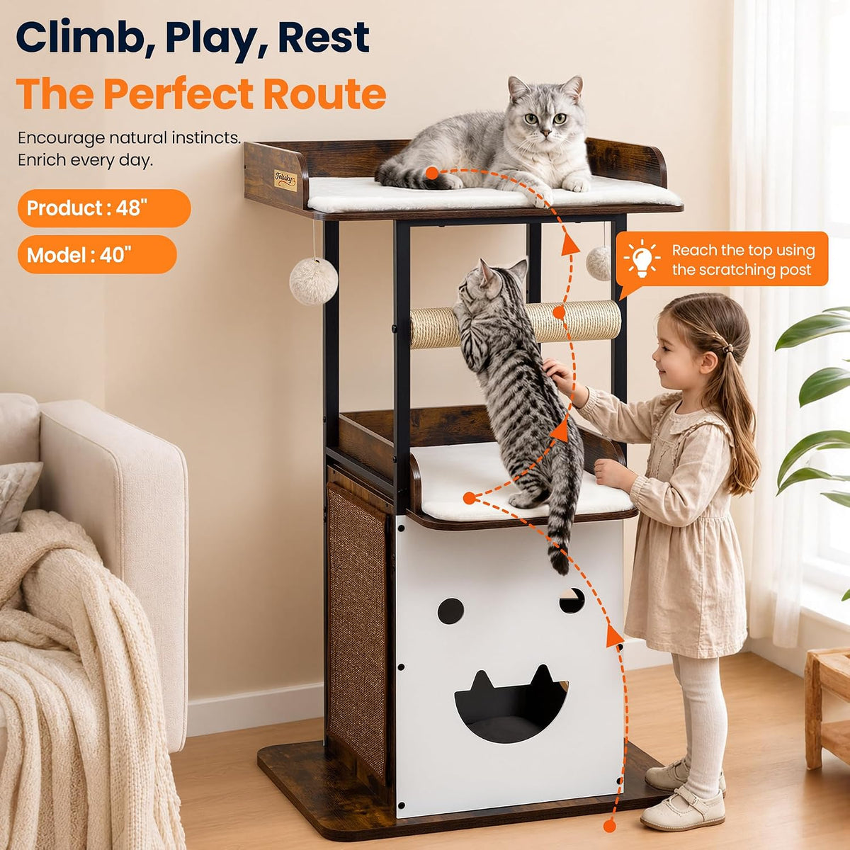 48in wood modern cat tree for large indoor on a desk or shelf