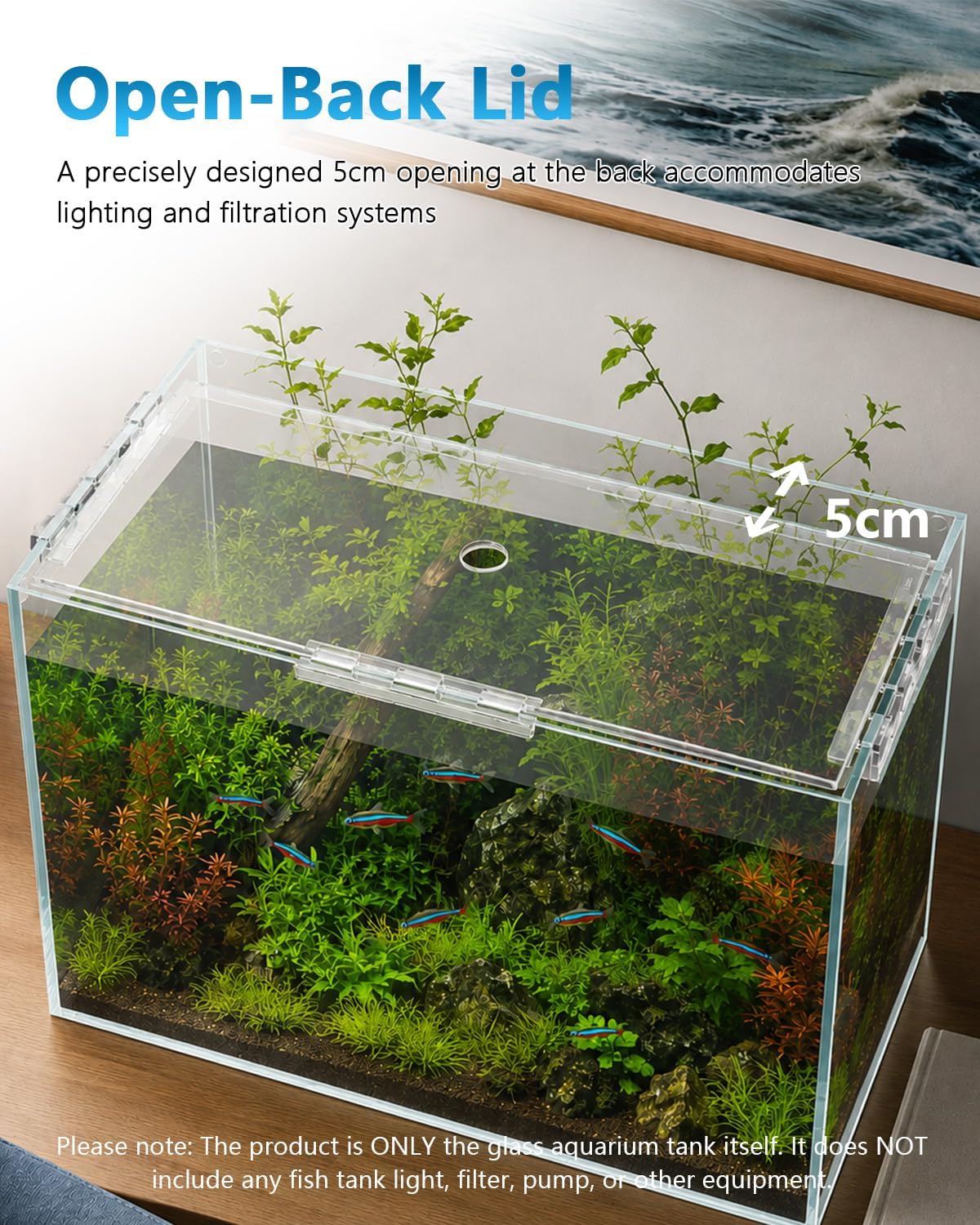 10 gallon glass fish tank open-back lid, aquarium, close-up detail
