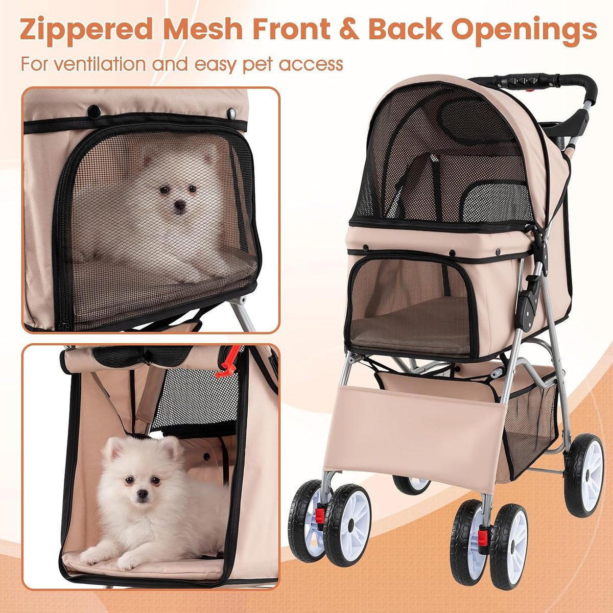 petsite 4 wheels pet stroller, foldable dog strollers showing dimensions