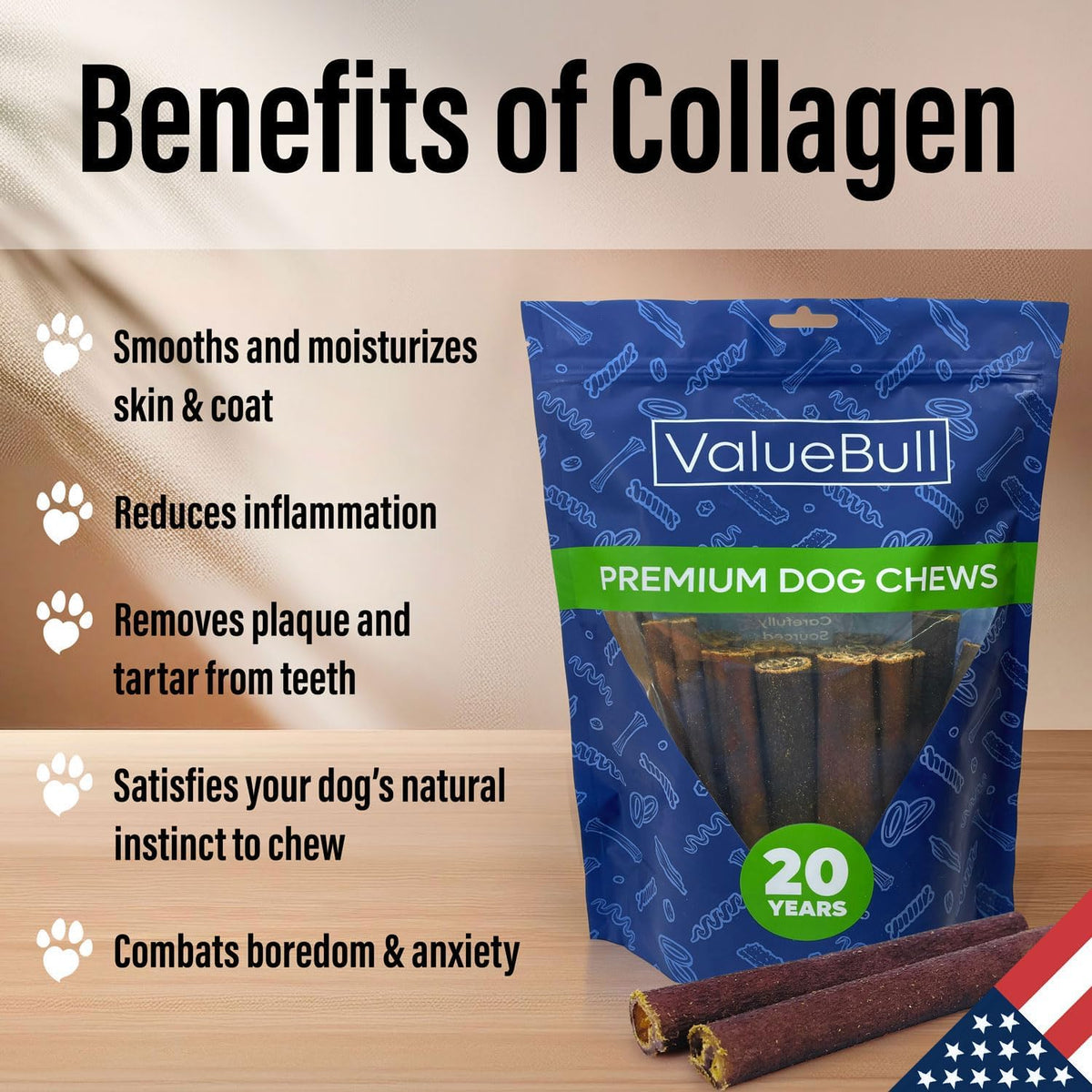 valuebull usa beef collagen sticks for dogs, 6, side view