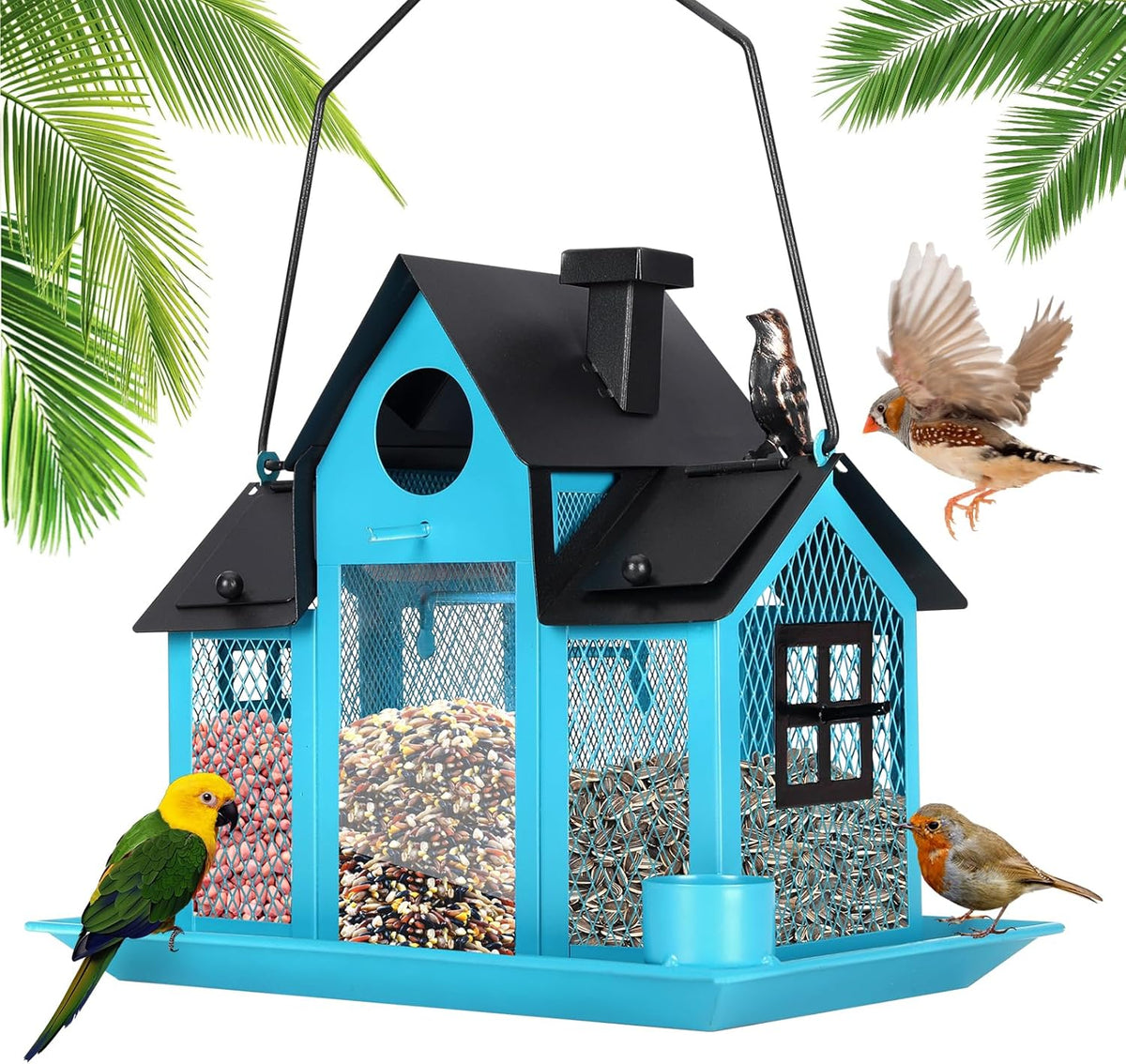 solar bird feeders house for outside hanging, metal, main product view