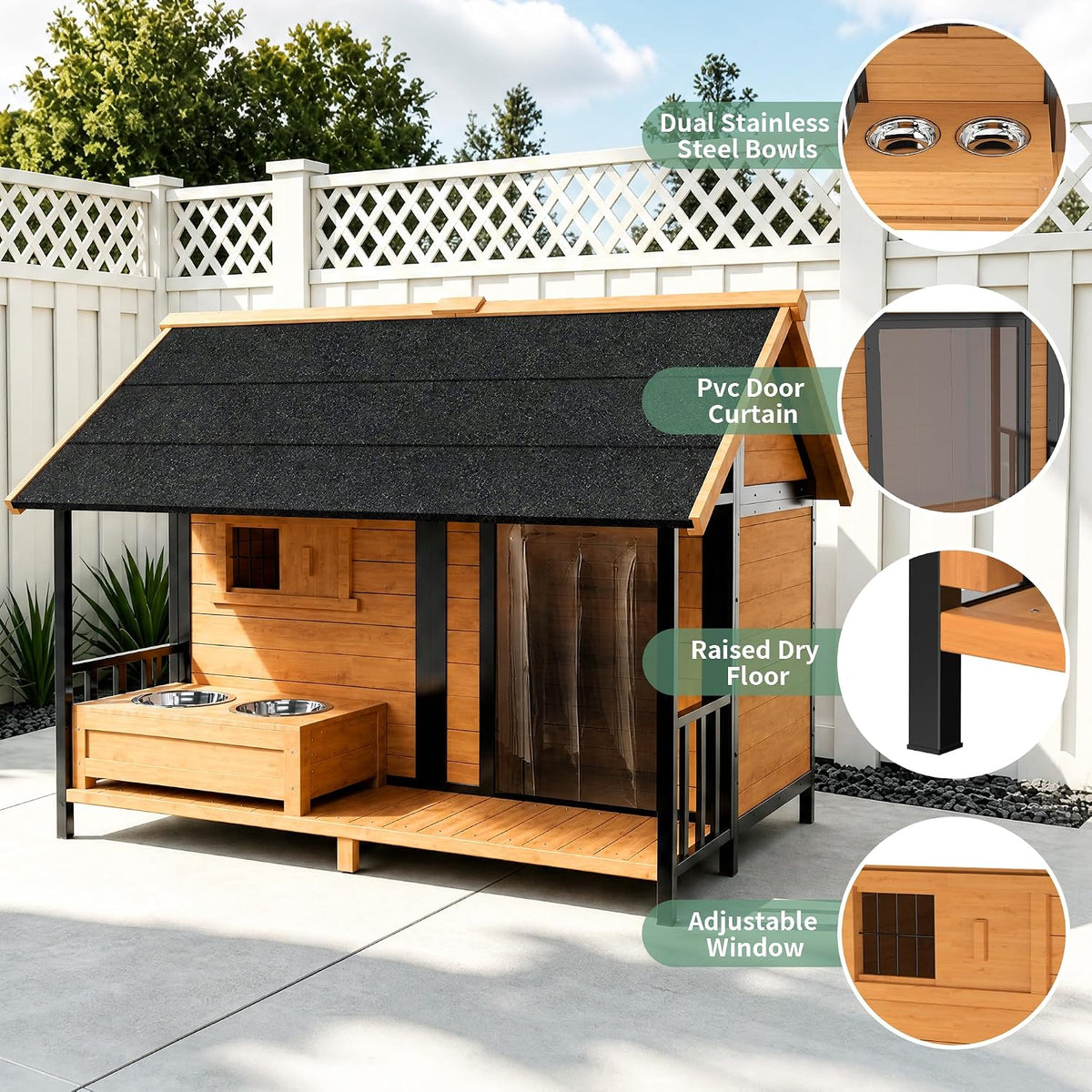 extra large dog house with porch& dog bowls, close-up detail