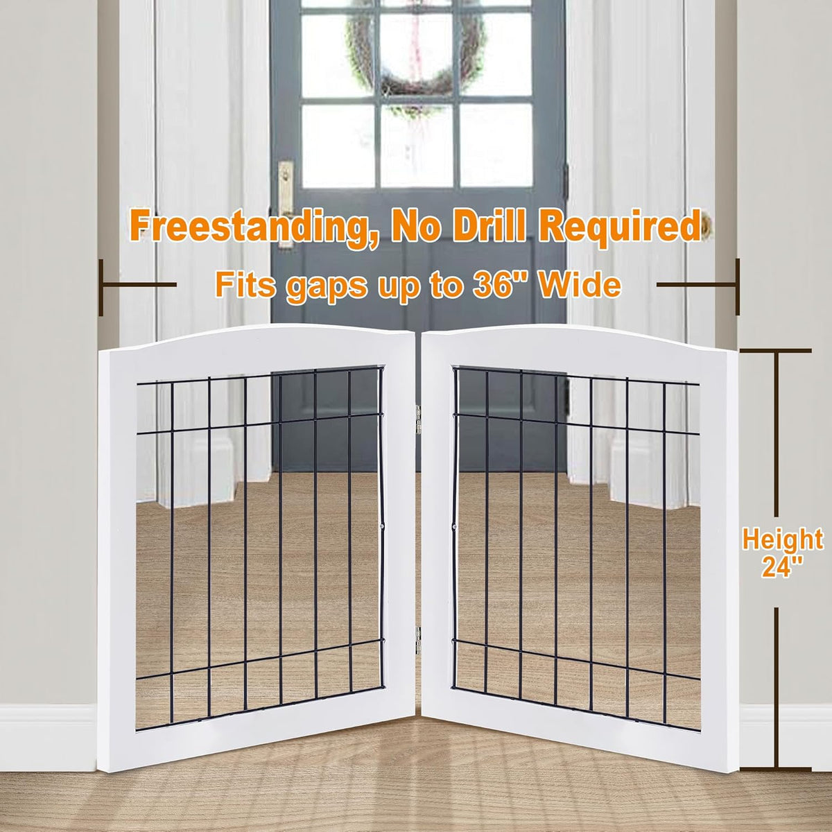 lzrs 2-panel freestanding foldable wood dog gate – shown in use